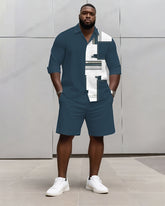 Big & Tall Men's Business Blue Geometric Print Long Sleeve Shirt Shorts Set